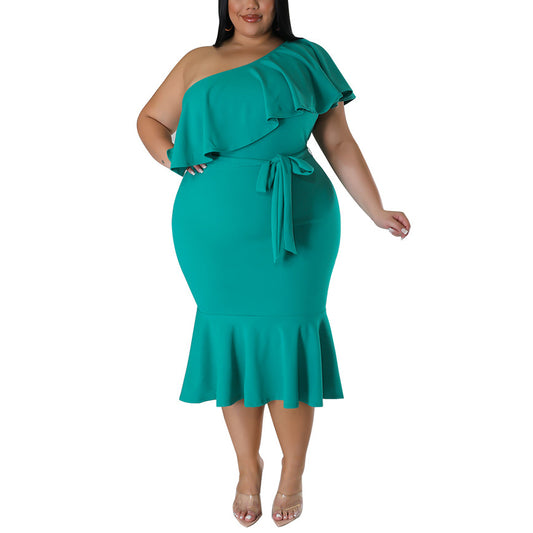 Sexy One Shoulder Ruffled Slim Fit Curvy Dresses Wholesale Plus Size Clothing