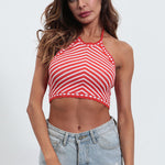Halterneck Sexy Striped Strappy Vest Summer Womens Wholesale Crop Tops Vacation