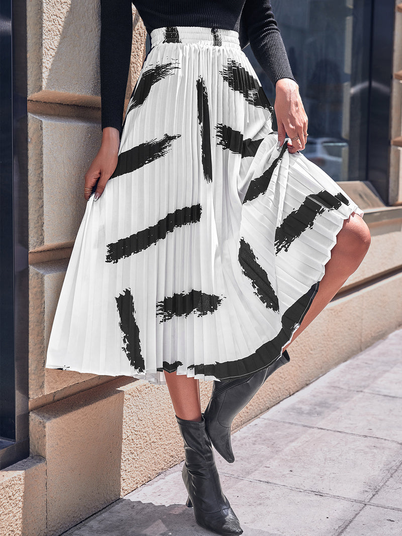Trendy Irregular Print Contrasting Color A-Line Pleated High Waist Skirt Wholesale Women Bottoms