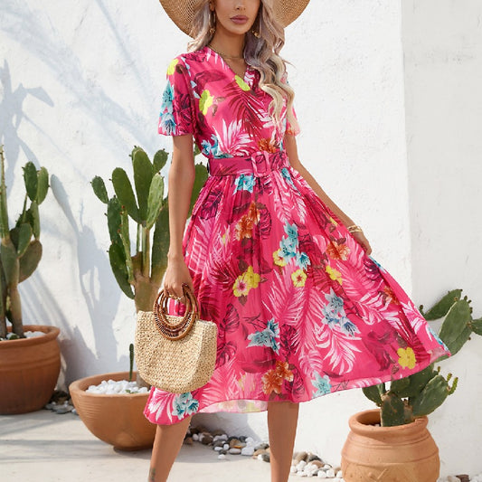 Summer Flower Print Short Sleeve Fashion Pleated Dress Wholesale Dresses