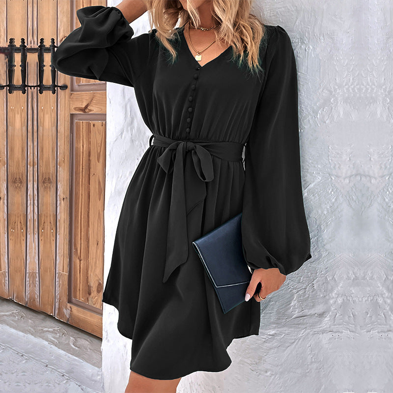 Solid Color V Neck Tie-Up Long Sleeve Pleated Dress Wholesale Dresses