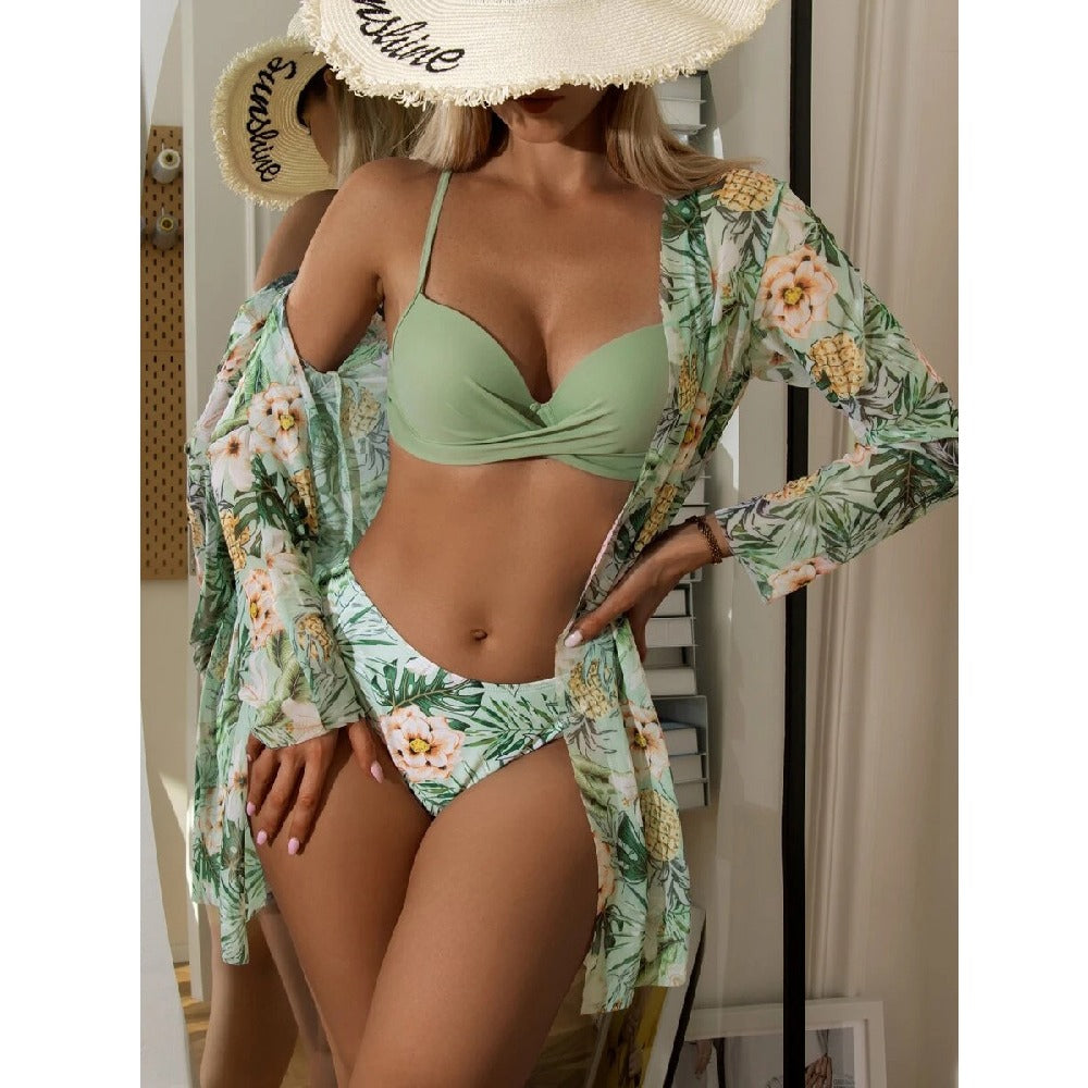 Floral Print Beachwear Cover Up Cardigan & Bikini 3pcs Swimsuit Wholesale Womens Swimwear