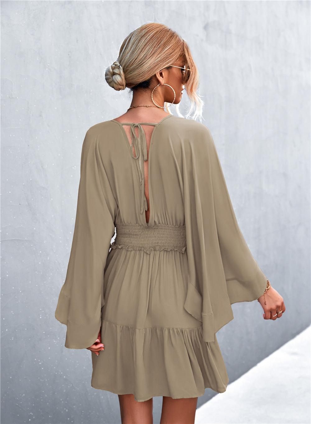 Batwing Sleeve V Neck Elastic Waist Wholesale Swing Dresses For Women Summer