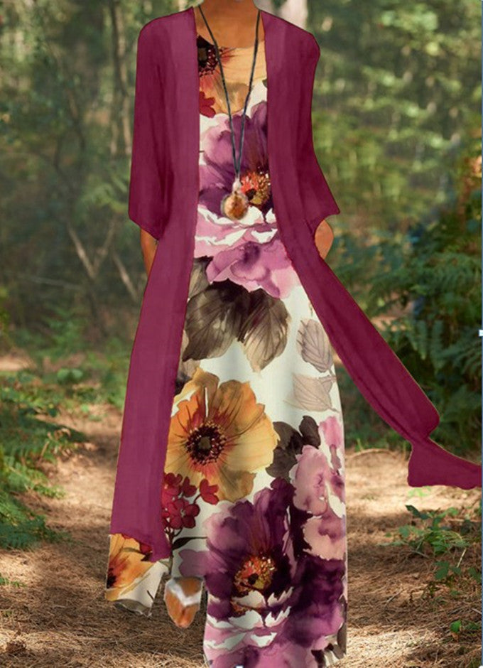 Printed Mid-Sleeve Loose Coat & Maxi Dress Fashion Wholesale Womens 2 Piece Sets Casual