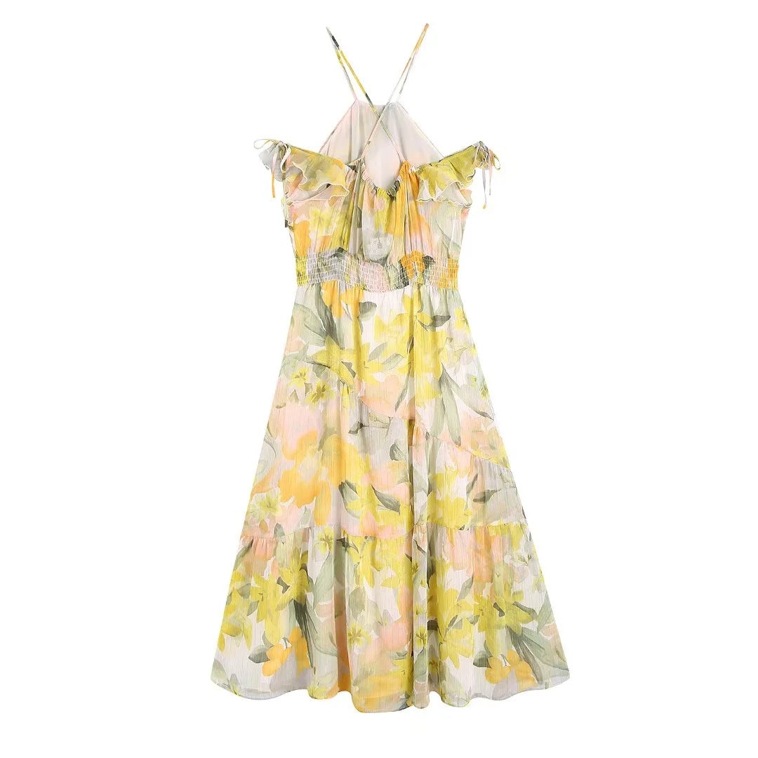 Elastic Waist Floral Print Off Shoulder Chiffon Ruffled Sleeve Flowy Resort Dress Wholesale Dresses