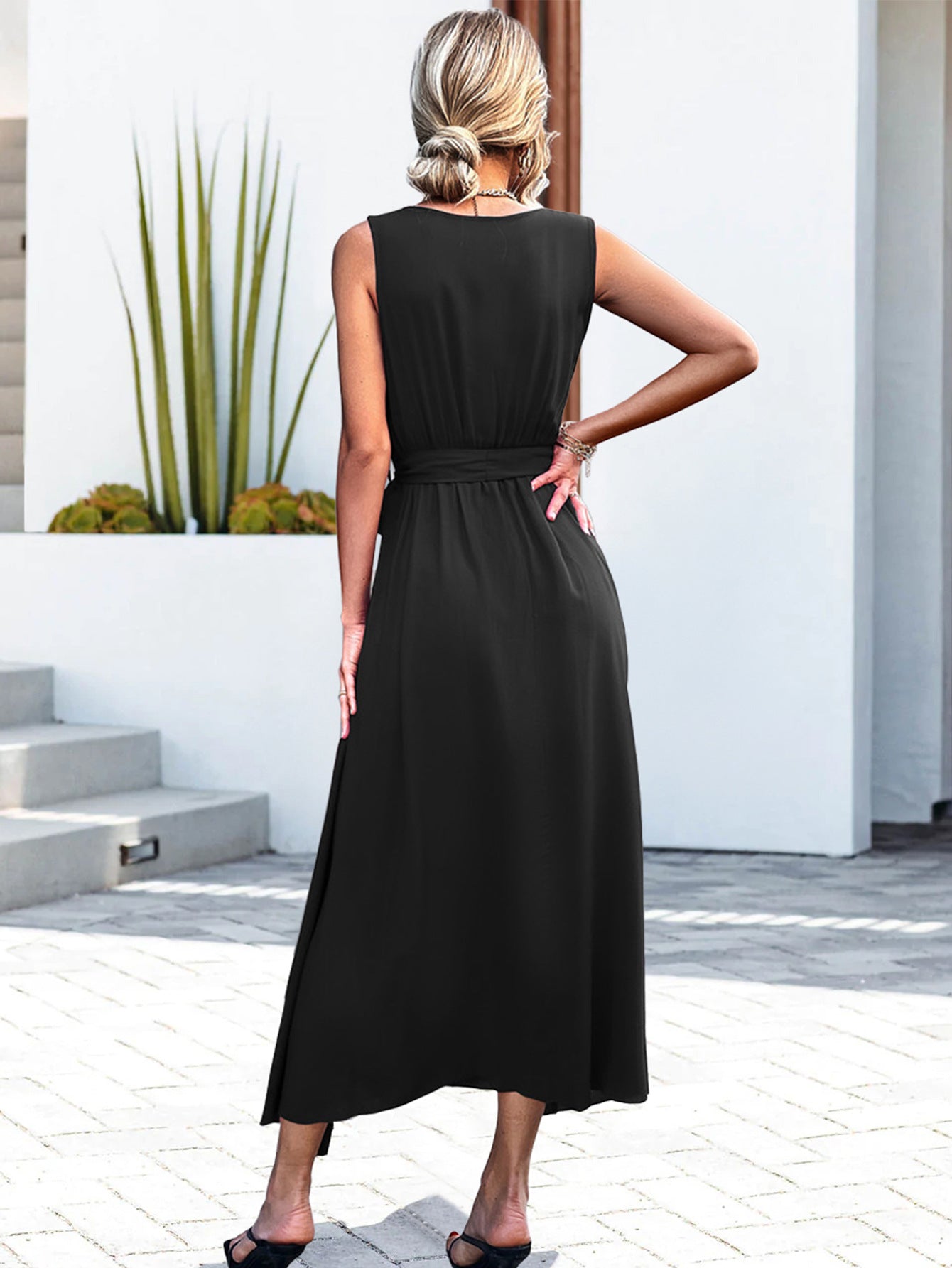 V-Neck Cross Tie-Up Sleeveless Slit Dress Wholesale Dresses