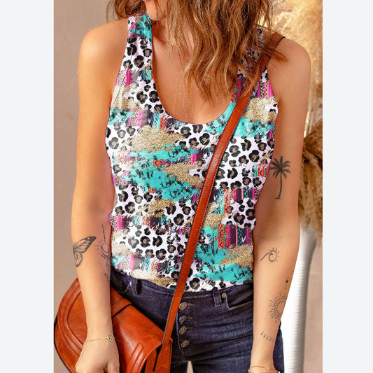 Leopard Print Sleeveless U Neck Wholesale Tank Tops for Summer