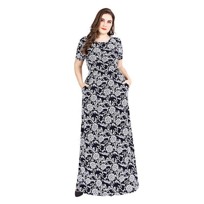 Wholesale Plus Size Women'S Clothing Short-Sleeved Simple Printed Round Neck Large Swing Slim Long Maxi Dress