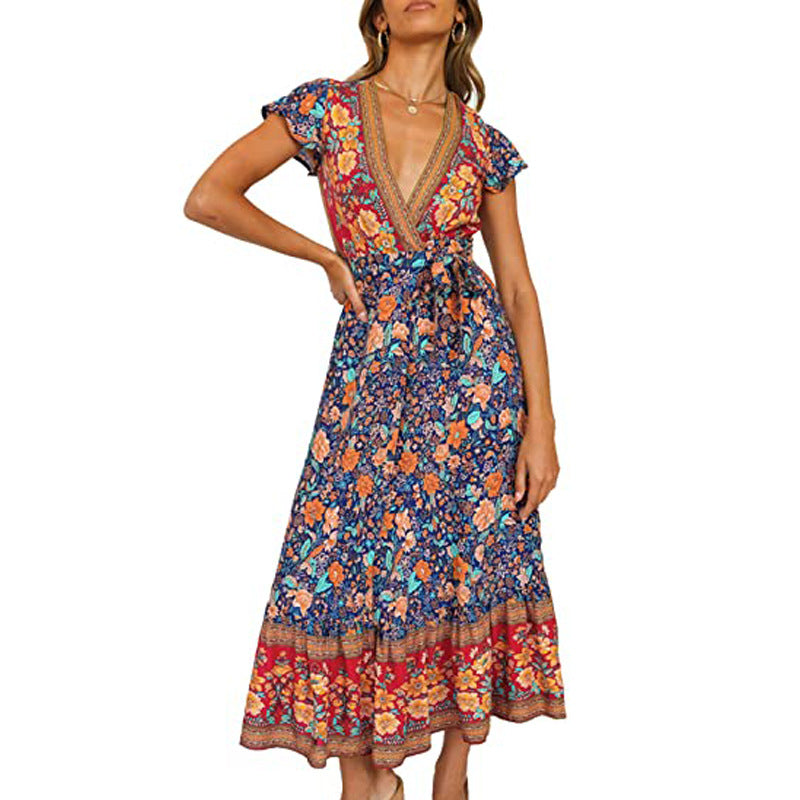 V Neck Short Sleeve Ethnic Style PrintVacation Slit Maxi Dresses Wholesale Bohemian Dress For Women