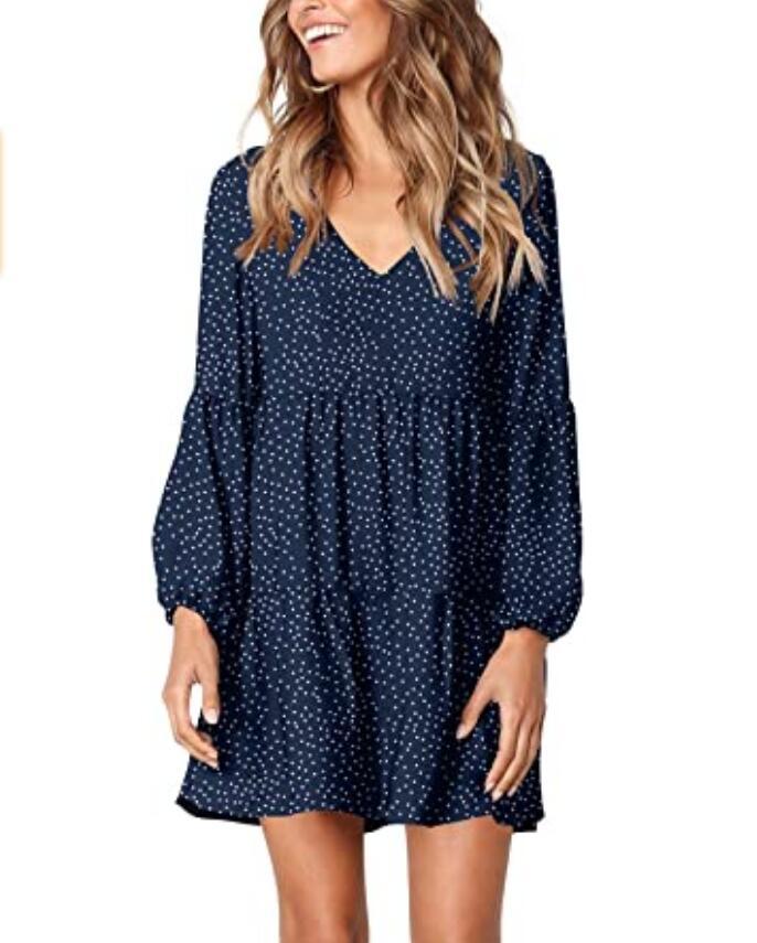 Fashion Printed V Neck Lantern Sleeve Casual Mini Dress Wholesale Dresses Loose