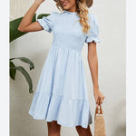 Round Neck Solid Color Short Sleeve Ruffled Dress Wholesale Dresses