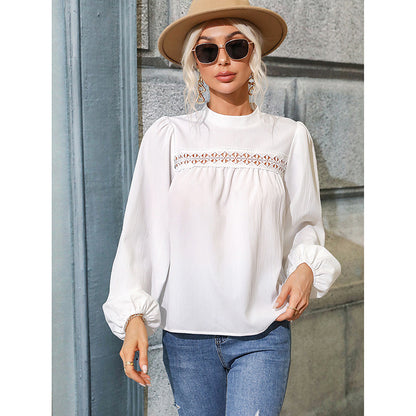 Casual Hollow Out Half High Neck Blouse Wholesale Womens Long Sleeve T Shirts