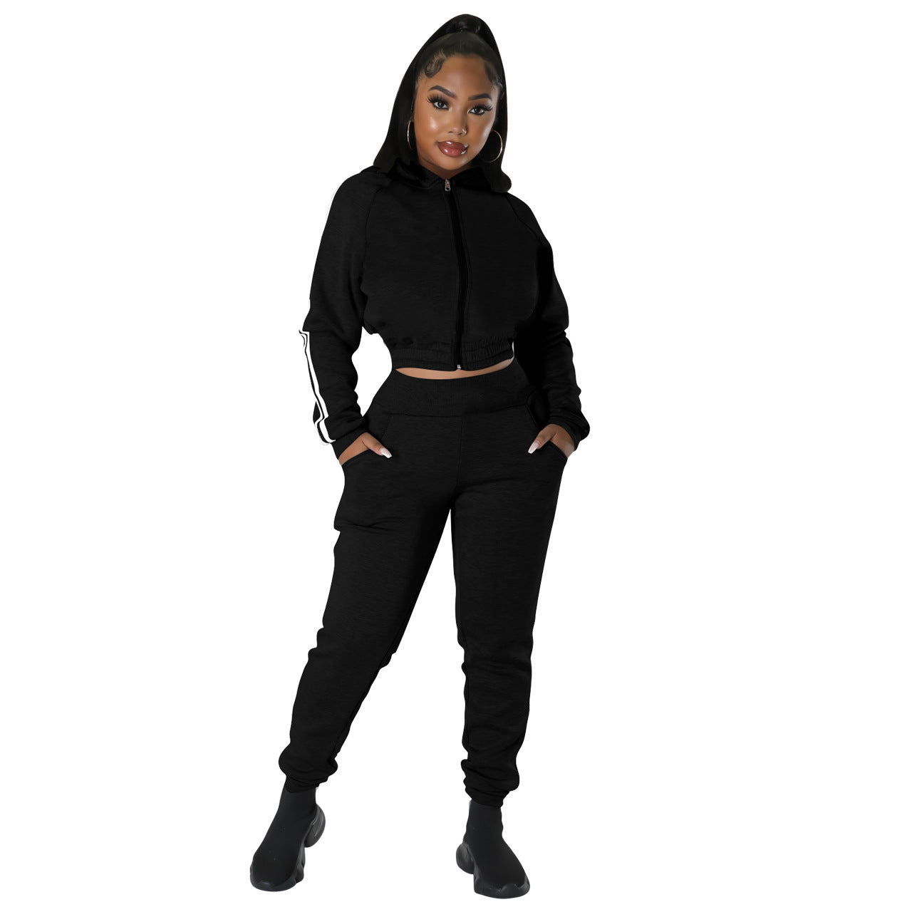 Solid Color Hooded Jacket & Trousers Tracksuits Wholesale Women'S 2 Piece Sets