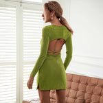 Sexy Lace-Up Backless Mini Dress Solid Color Long Sleeve Bodycon Wholesale Dresses