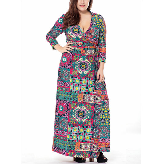 Sexy V Neck Wrap Print Maxi Dress 3/4 Sleeve Lace-Up Dresses Wholesale Plus Size Clothing