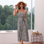 Leopard Print Slim-Fit Lace-Up Slip Mid-Length Flowy Dress Vacation Wholesale Dresses