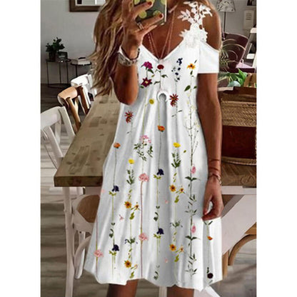 Floral Print V Neck Off Shoulder Lace Sling Swing Dress Casual Wholesale Dresses