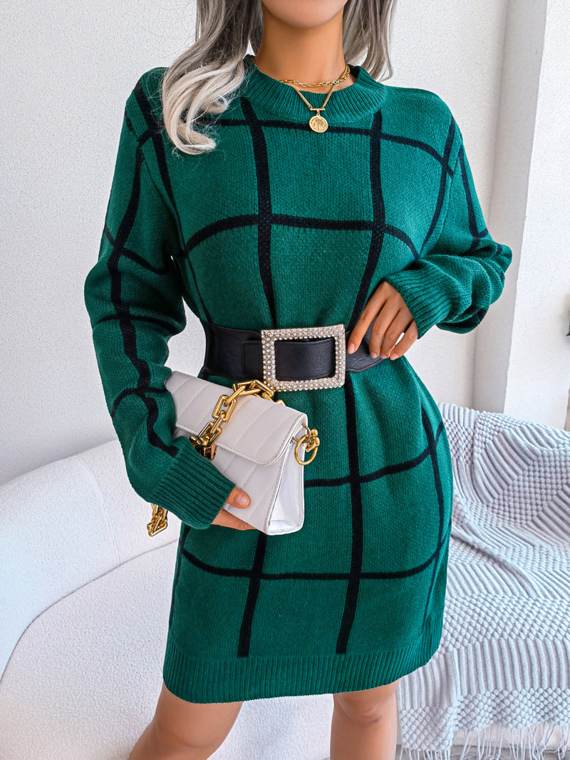 Fashion Plaid Clashing Pullover Long-Sleeved Knitted Dress Wholesale Dresses