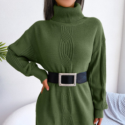 Lantern Sleeves Casual Turtleneck Twist Sweater Dress Wholesale Clothing Vendors