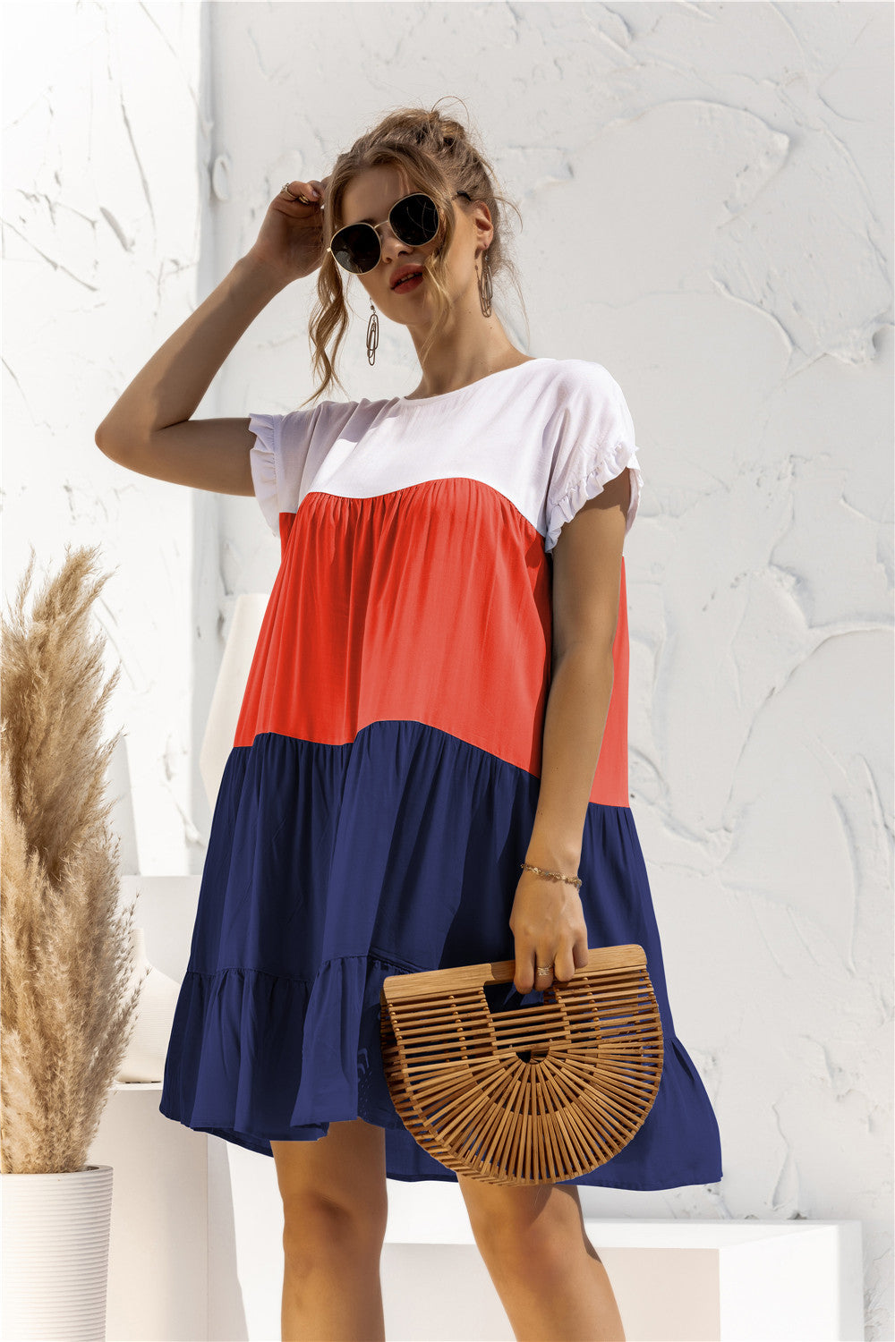 Round Neck Colorblock Ruffles Short Sleeve Loose Smocked Dresses Casual T Shirt Dress Wholesale