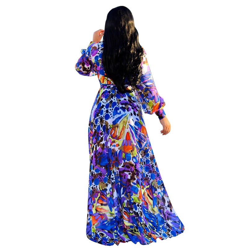 Floral Printed V Neck Chiffon Lantern Sleeve Lace-Up Swing Dress Vacation Casual Wholesale Maxi Dresses SD55498