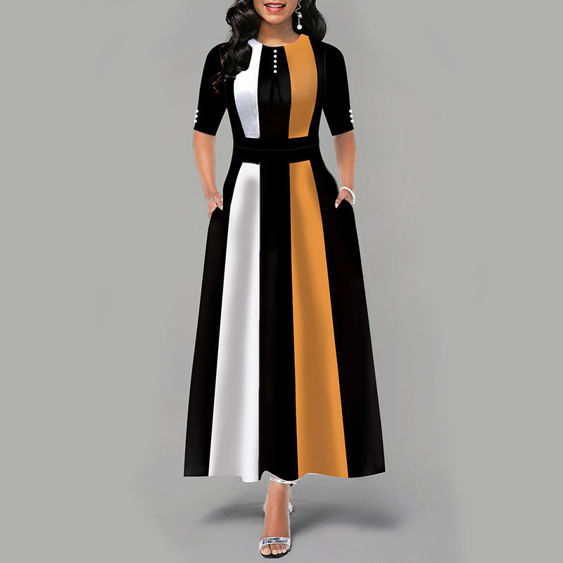 Fashion Colorblock High Waist Slim Swing Dress Wholesale Maxi Dresses