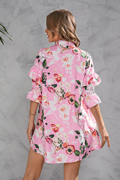 Printed Cropped Half-Sleeve Single-Breasted Wrap Chest Shirtdress Wholesale Casual Dresses