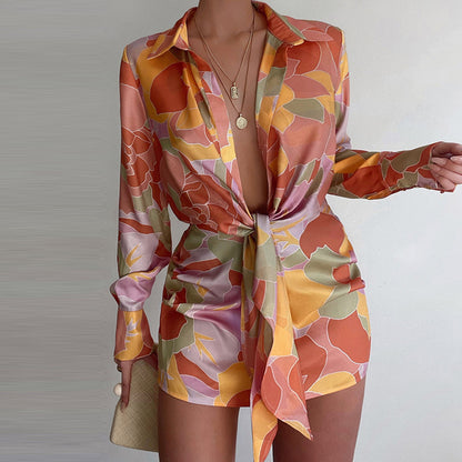 Printed Deep-V Long Sleeve Short Sexy Shirtdress Wholesale Shirt Dresses