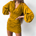 Sexy Long Sleeve Slim V Neck Pleated Solid Color Mini Dress Wholesale Dresses