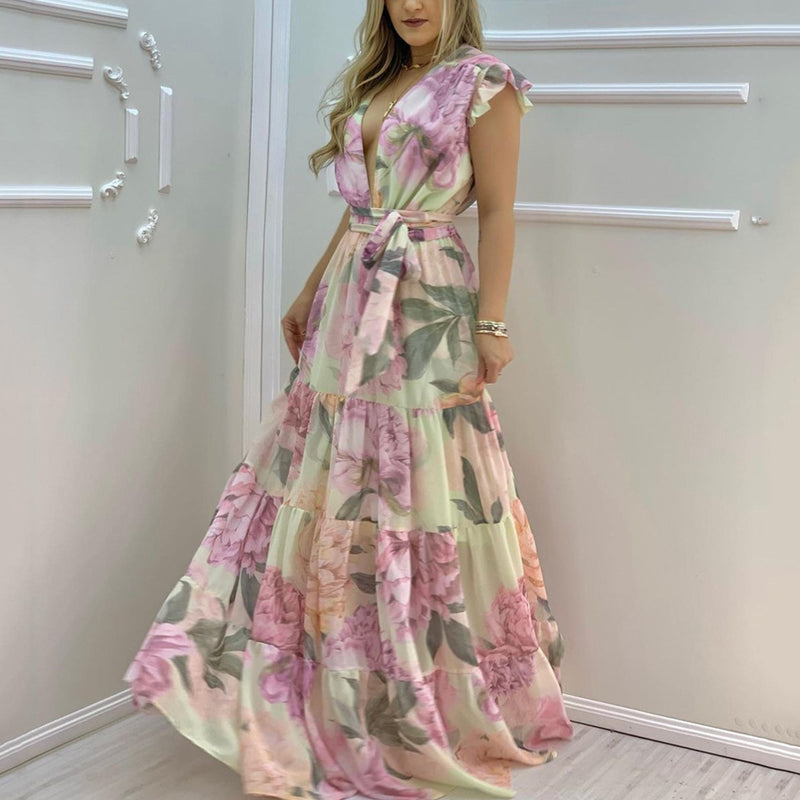 Printed Ruffled Deep-V Frill Sleeve Lace-Up Smocked Dress Vacation Wholesale Maxi Dresses