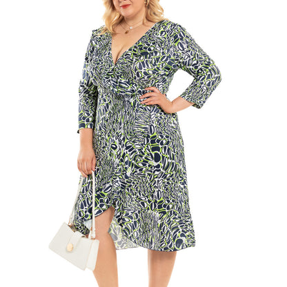 Fashion Print Long Sleeve Ruffle Wrap Dresses Wholesale Plus Size Clothing