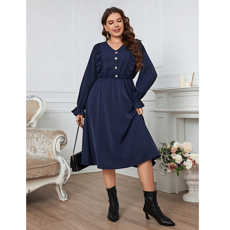 Solid Color Button Long Sleeve Curvy Dresses Wholesale Plus Size Clothing