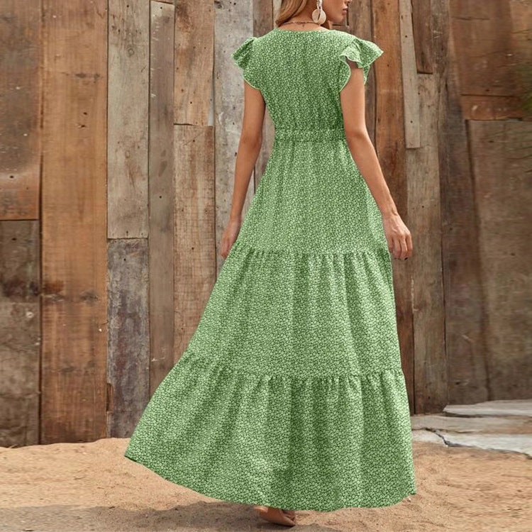 Ruffled Sleeve V Neck High Waist Vacation Smocked Floral Dress Wholesale Maxi Dresses