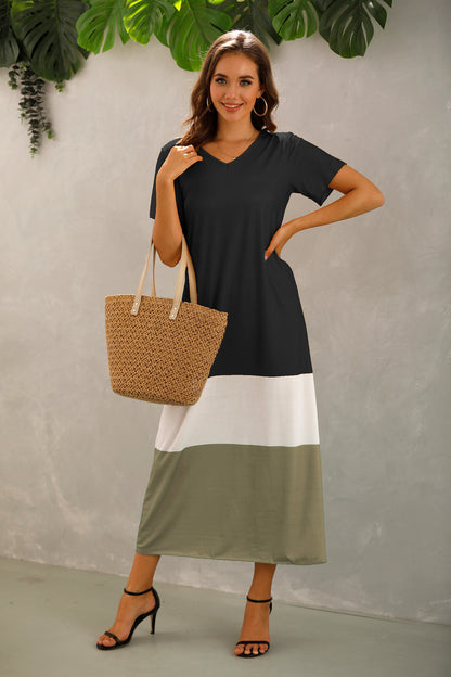 Trendy Colorblock Print Short Sleeve V Neck Midi A-Line Dresses Casual T Shirt Dress Wholesale