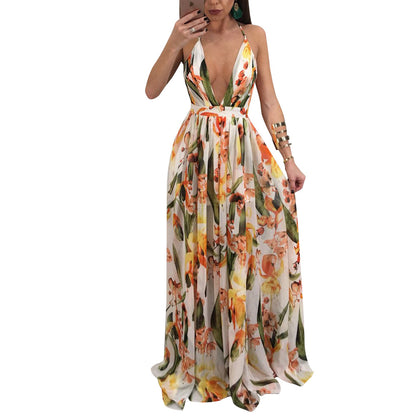 Fashion Print Deep V Neck Open Back Chiffon Beach Sling Wide Swing Dress Sexy Wholesale Maxi Dresses