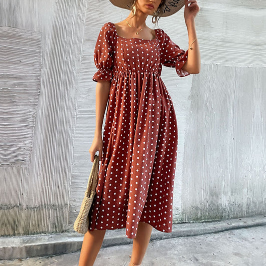 Polka Dot Print Puff Sleeve Square Neck Wholesale Swing Dresses Summer