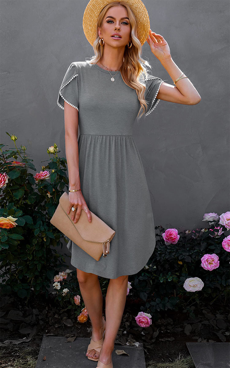 Plain Lace Trim Short Sleeve Wholesale Swing Dresses For Women