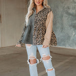 Color-Blocked Lapels Pleated Corduroy Pocket Leopard Print Long-Sleeved Jacket Wholesale Women Clothing