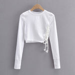 Side Drawstring Mesh Splicing Round Neck All-Match Long Sleeves Crop Top Wholesale Women Top