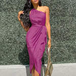 Slanted Shoulder Solid Color Slim Fit Lace-Up Wrap Midi Satin Dress Elegant Wholesale Dresses