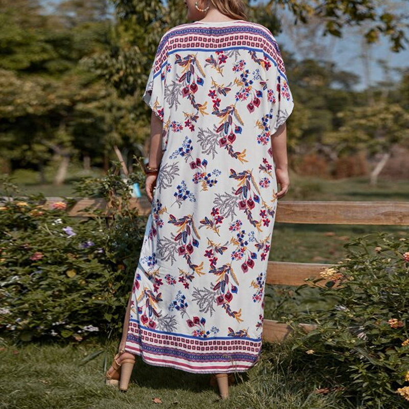Floral Print V Neck Short Sleeve Wholesale Plus Size Dresses