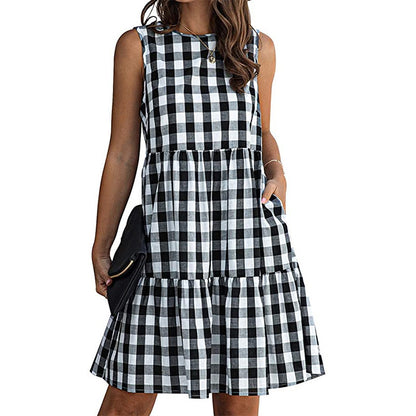 Sleeveless Plaid Print Casual Loose Wholesale Swing Dresses For Women