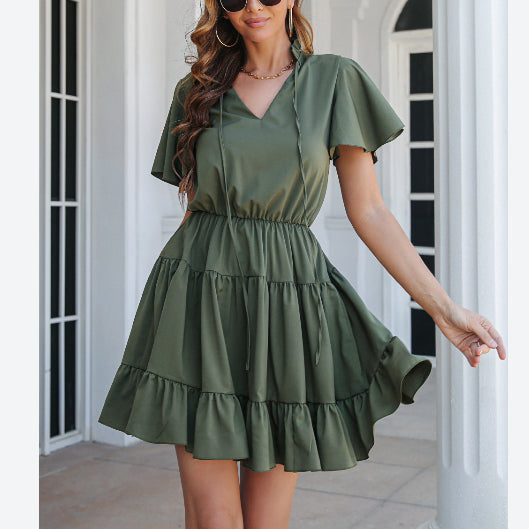 Solid Color Ruffle Sleeve V Neck Lace Up Pleated Wholesale Smocked Dresses