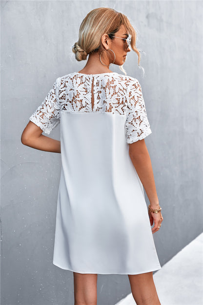 Short Sleeve Round Neck Loose Lace Stiching A-Line Dress Elegant Wholesale Dresses