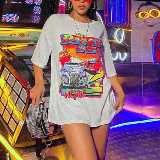 Retro Car Print Casual Short Sleeve T-Shirt Wholesale Womens Tops