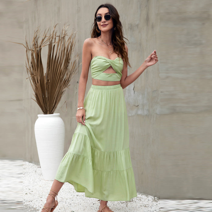 Cotton Linen Solid Color Elastic Waist Ruffled Maxi Wholesale Skirts
