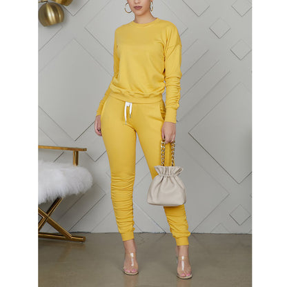 Shirred Solid Color Simple Long-Sleeved Trousers Sports Two-Piece Suit Wholesale Women Clothing