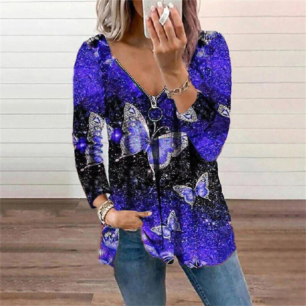 Zipper Butterfly Print Long Sleeve V Neck Wholesale Blouses For Women