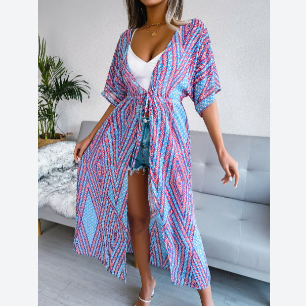 Floral Print Short Sleeve Chiffon Open Front Cardigan Wholesale Beach Cover Up Summer