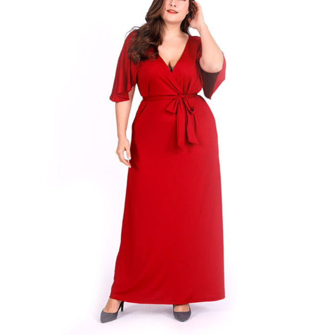 V Neck Tie-Up Flare Short Sleeve Curvy Dresses Wholesale Plus Size Clothing